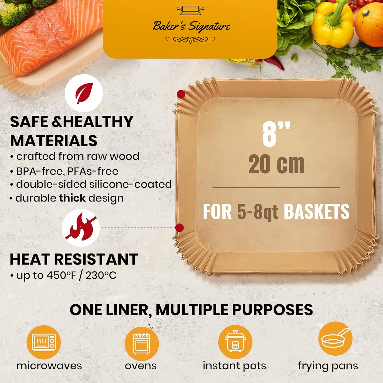 Air Fryer Paper Liners, 125Pcs Air Fryer Disposable Liners, Non-Stick and Oil Proof for Easy Cleanup, 8” Square for 5-8 Qt Basket by