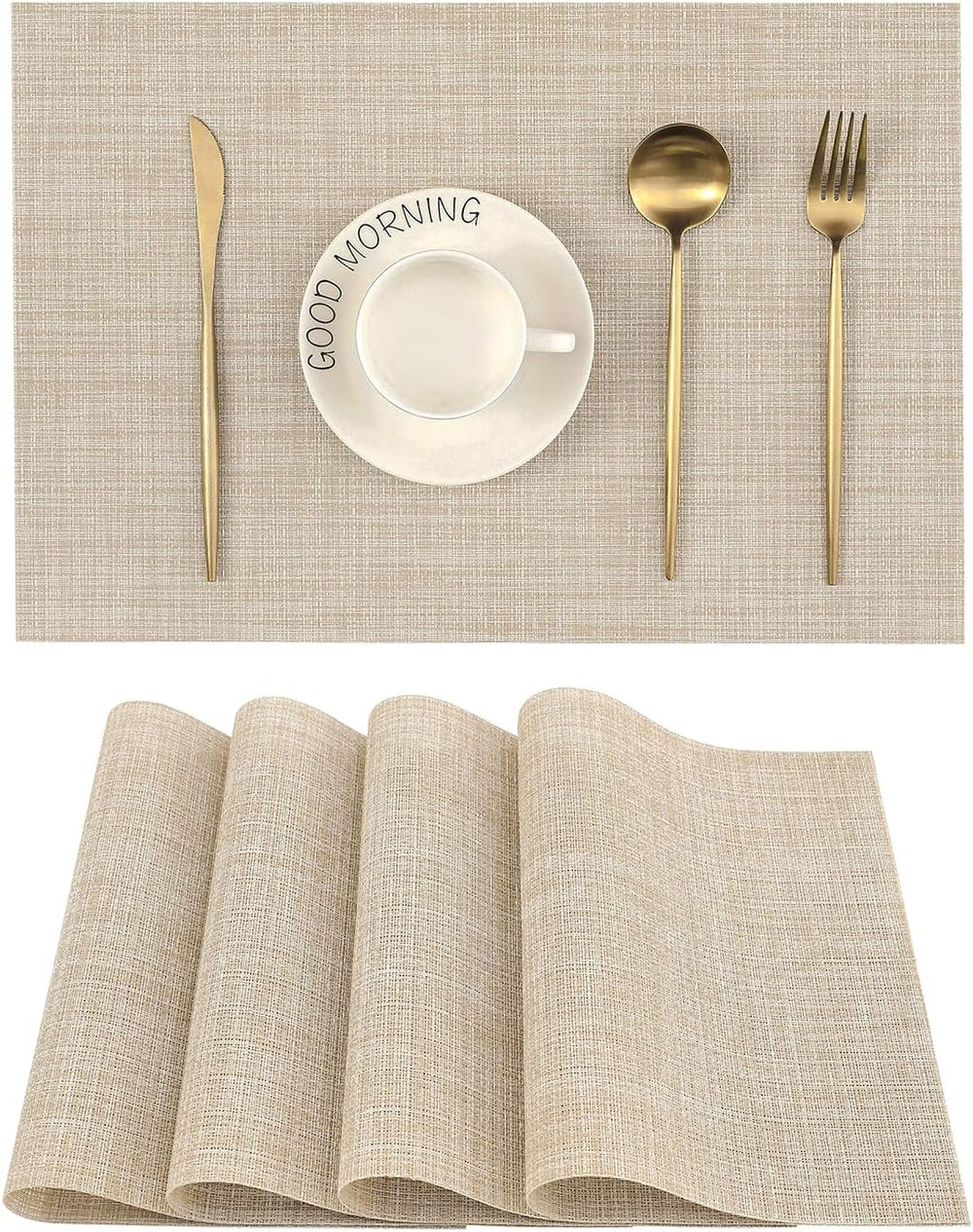 Beige Placemats Set of 4 - Heat-Resistant, Non-Slip Table Mats, Washable Woven Vinyl for Indoor & Outdoor Dining