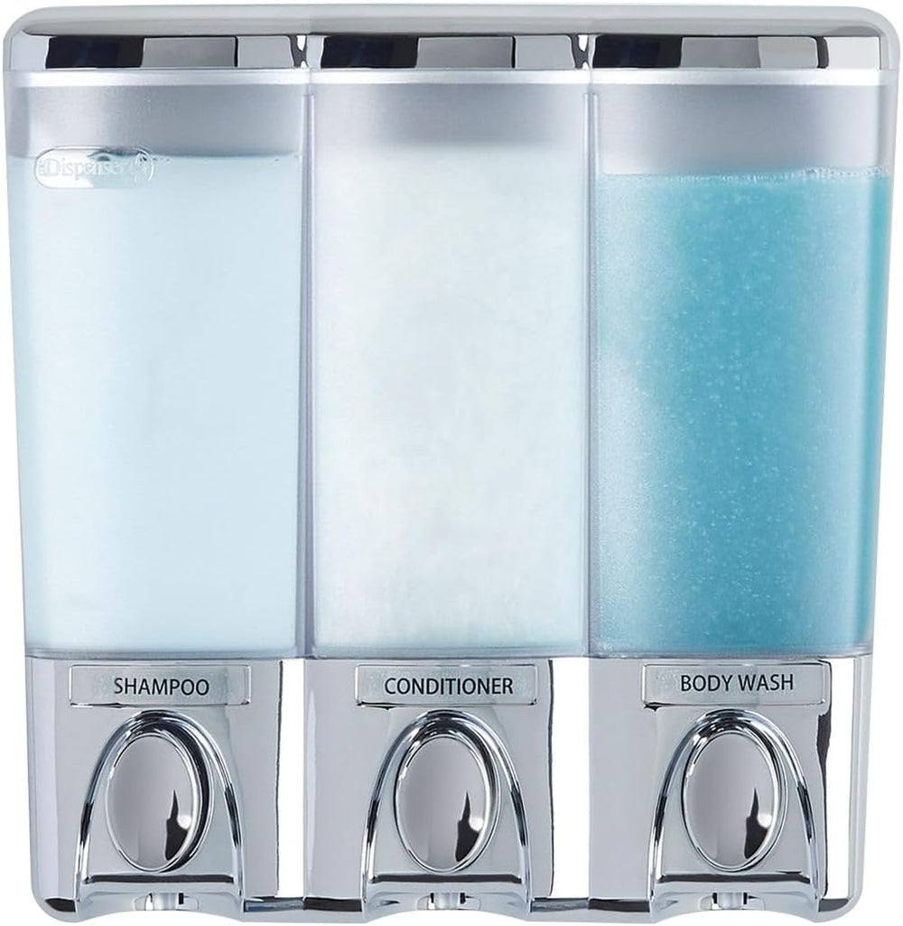 Clear Choice Shower Dispenser 3 Chamber, Wall Mount Shower Soap Pump Dispenser for Bathroom Hotel Body Wash, No Drill Adhesive, Waterproof Dispenser, 3 X 14.2 Oz, Chrome