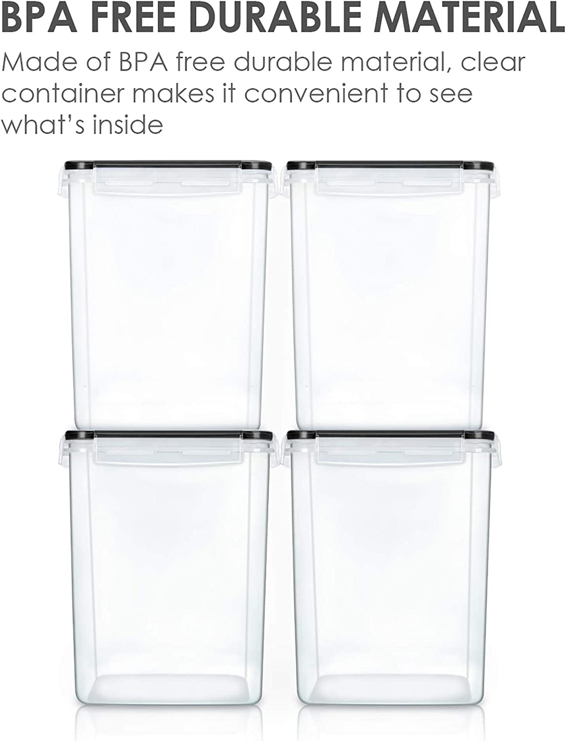 4 PCS Large Food Storage Containers 5.2L / 175Oz, 4 Pieces BPA Free Plastic Airtight Canisters for Flour, Sugar, Baking Supplies, Rice with Lids, 4 Measuring Cups and 24 Labels, Black