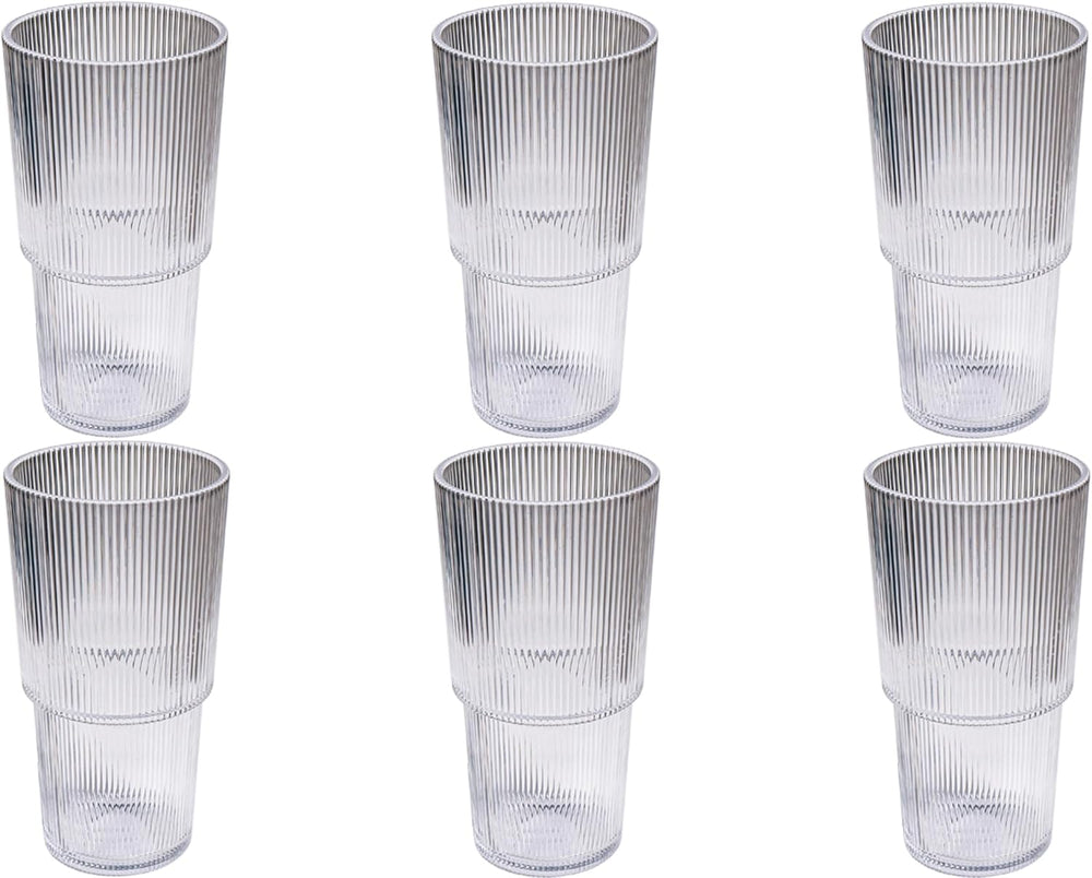 Fine Ribbed 22 Oz Durable Acrylic Jumbo Drinking Glasses, Shatter-Resistant and Dishwasher-Safe Indoor/Outdoor Drinkware for Water, Iced Tea, Juice, and Cocktails - Clear - Set of 6