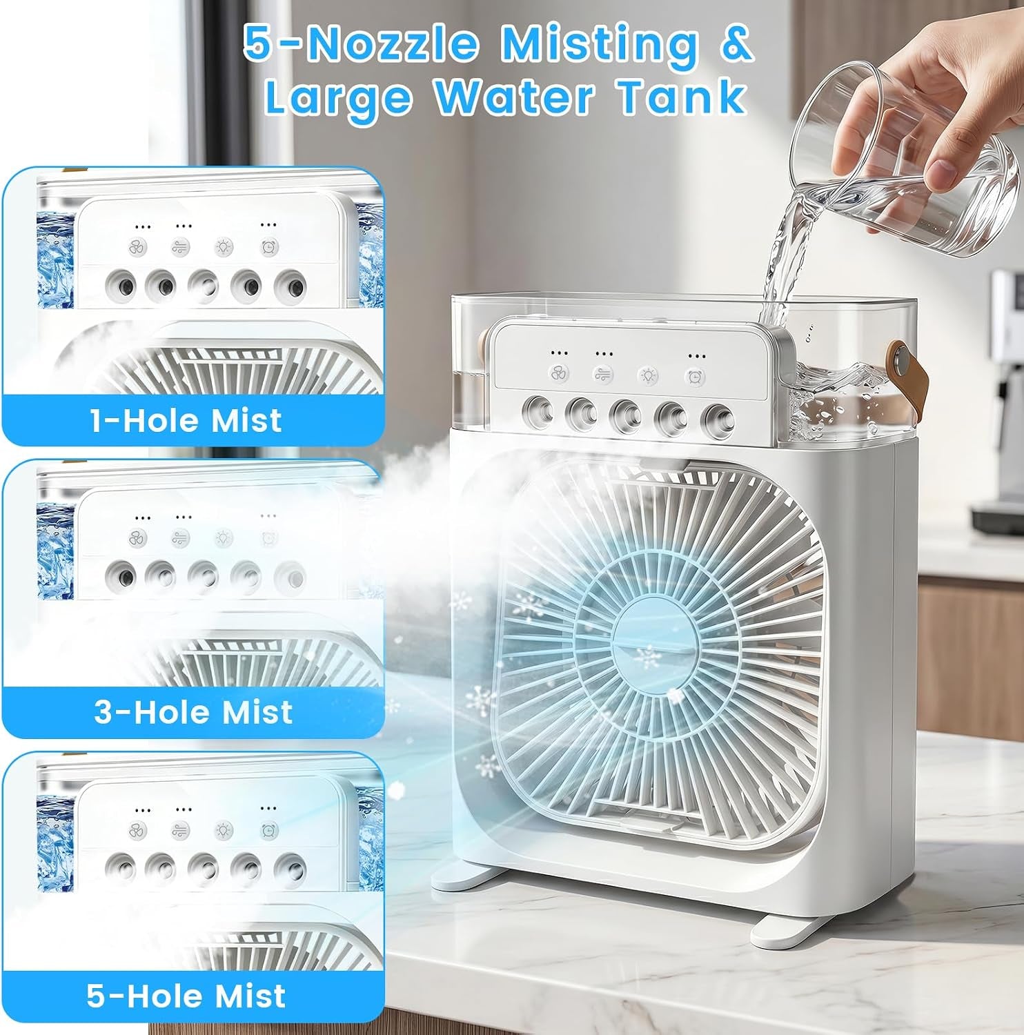 Portable Air Conditioner Fan, Mini Evaporative Air Cooler with 5 Spray Nozzles,3 Wind Speeds,3 Timers, 7 Colors LED Light,600Ml Personal AC Unit Fan for Bedroom Office Camping（White）