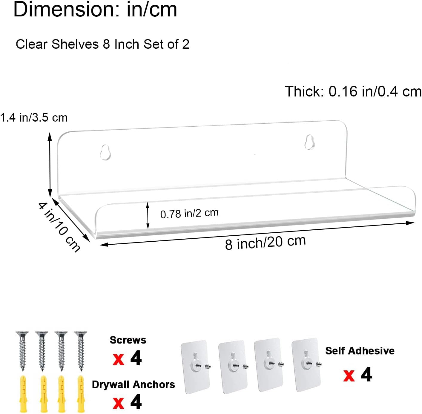 8 Inch Clear Acrylic Shelves for Wall No Drilling, 2 Pack Small Floating Shelf with Ledge No Damage Mounted, Easily Expand Wall Space for Bedroom, Living Room, Bathroom