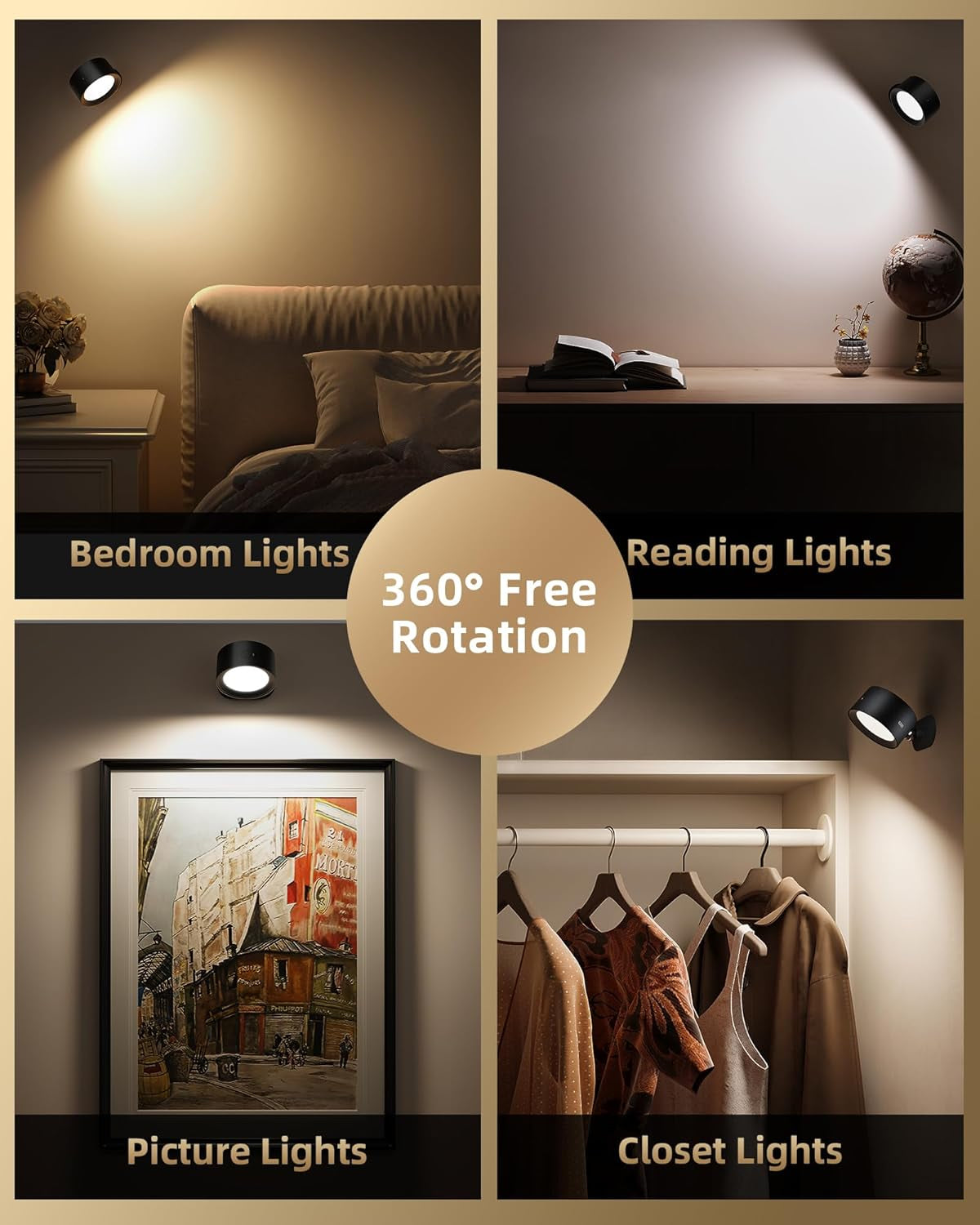 LED Wall Mounted Lights, Rechargeable Wall Sconces Lamp, 3 Color Temps & Remote and Touch, 360Â°Rotation Dimmable Cordless Wall Light for Study Bedroom Reading Bedside(Black, 2 Pack)