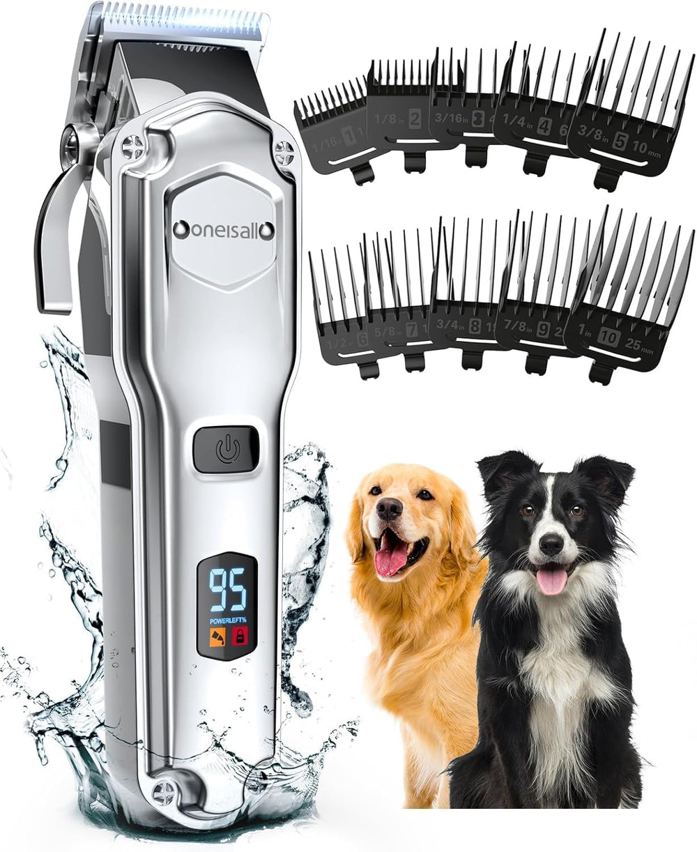 Dog Clippers for Grooming for Thick Heavy Coats/Low Noise Rechargeable Cordless Pet Shaver with Detachable Stainless Steel Blade/Waterproof Dog Shaver for Dogs Pets and Animals (Silver)