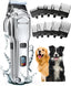 Dog Clippers for Grooming for Thick Heavy Coats/Low Noise Rechargeable Cordless Pet Shaver with Detachable Stainless Steel Blade/Waterproof Dog Shaver for Dogs Pets and Animals (Silver)