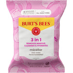 Burts Bees Micellar Rose Water Facial Towelettes, 100% Plant Based Cloth; 99% Natural Origin; Remove Makeup, Cleanse, Hydrate; No Greasy, Oily Residue; All Skin Types; 30 Ct, Pack of 3 (Pack May Vary)