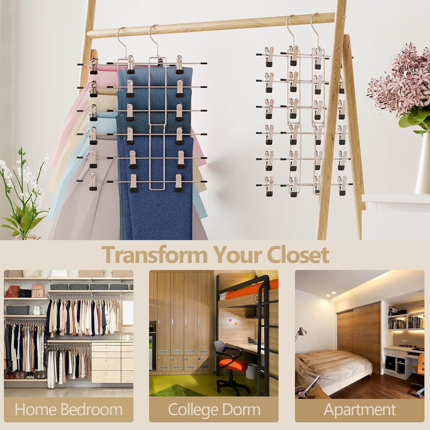 Pants Hangers with Clips,Space Saving Hanging Closet Organizer-6 Tiers Skirt Hangers with 360Â° Swivel Hook,Closet Organizer-Clothes Hangers- College Dorm Essentials Apartment Essentials-2 Pack