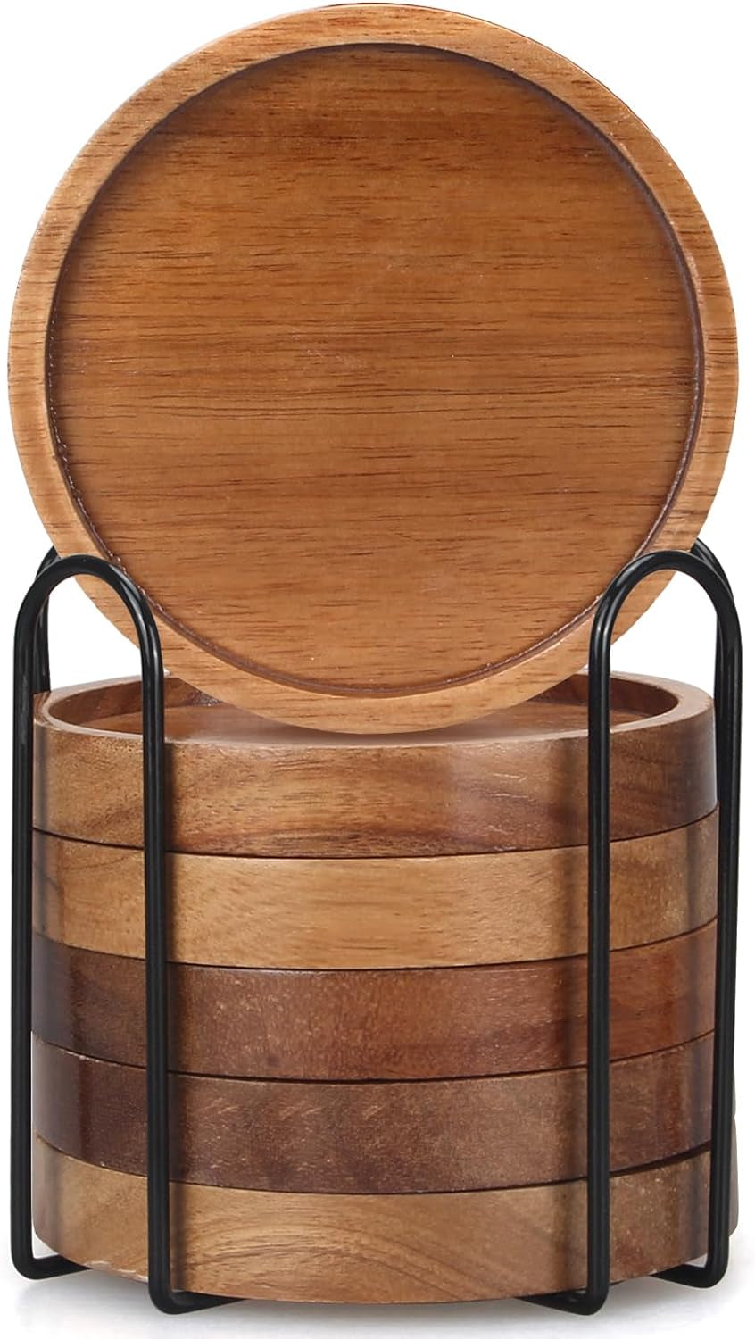 6 Pcs Best Wooden Coasters with Holder Coffee Table Decor Acacia Wood Coaster Set Modern Cup Coaster for Drink Home Dining Table Kitchen Accessories Cute Beer Bar Decorative Rustic Outdoor Coasters