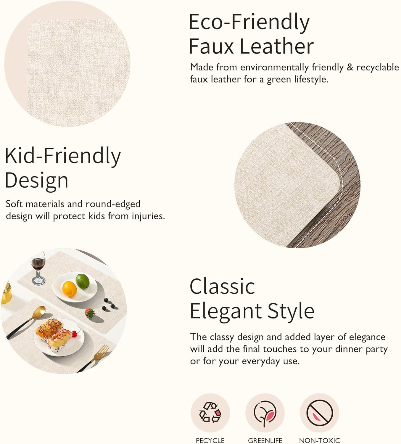 Faux Leather Placemats Set of 6 - Waterproof - Wipe Clean - Heat Resistant - anti Slip Dining Table Place Mats, Suitable for Indoor & Outdoor Use, 17’’×12’’, Beige