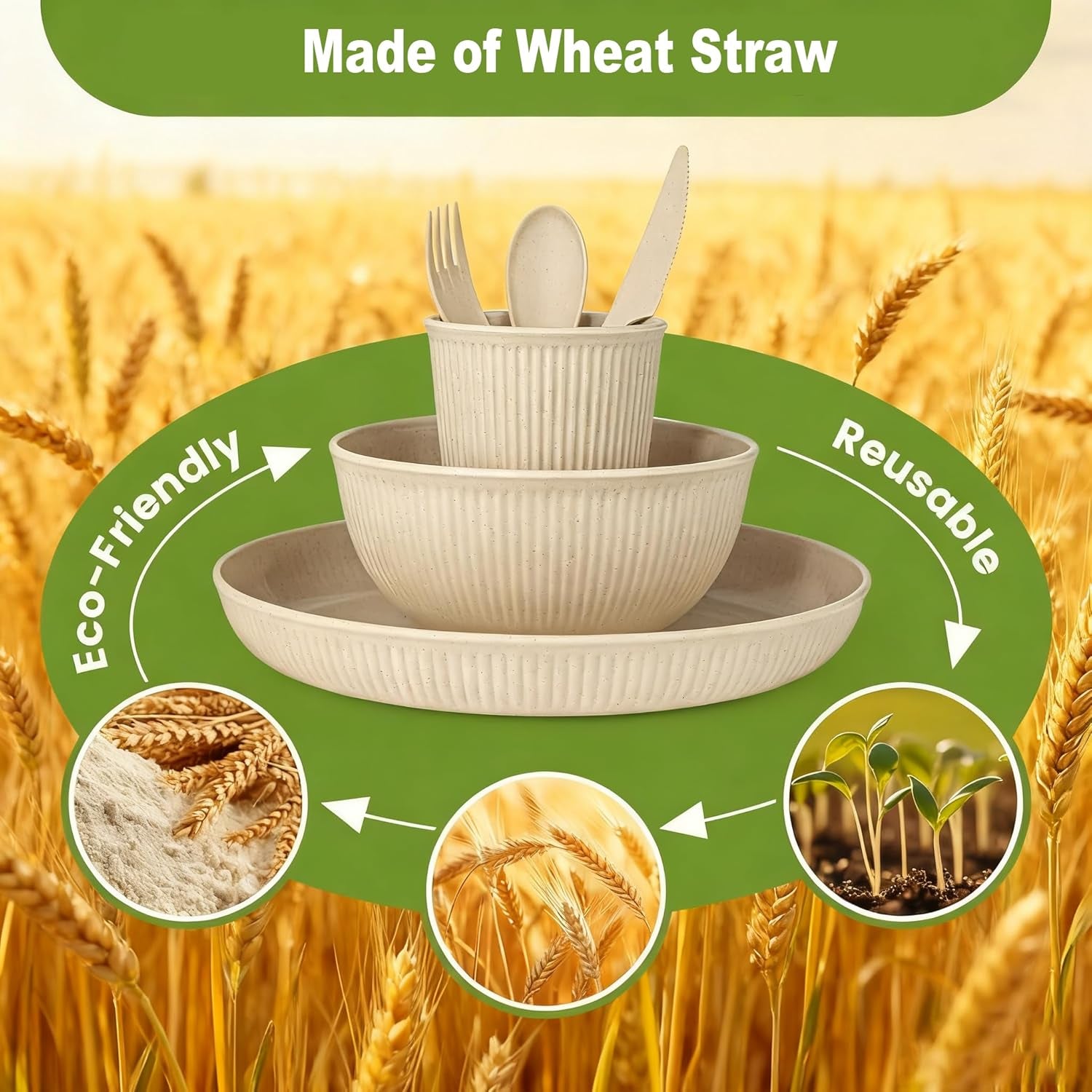 36-Piece Reusable Wheat Straw Dinnerware Sets for 6,  Unbreakable Reusable Set Kitchen Cups, Plates, Bowls Sets & Cultery Dishwasher Microwave Safe - Patio, Outdoors, RV, Camping Dishes