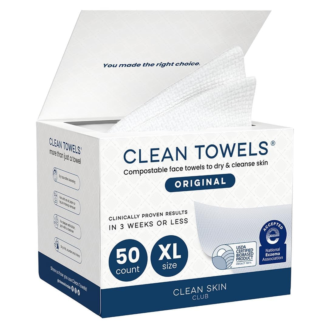 Clean Towels XLÂ®, 100% USDA Biobased Face Towel, Disposable Face Towelette, Eczema Association Accepted, Makeup Remover Dry Wipes, Ultra Soft, 1 Pack, 50 Ct