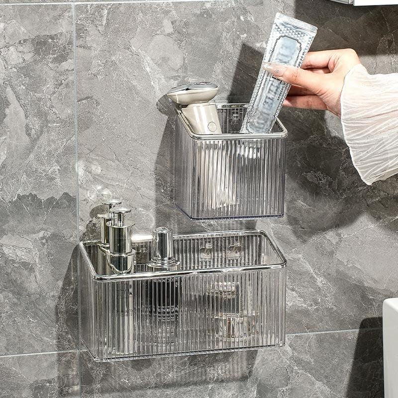Drill-Free Stick-On Wall Shelves | Space-Saving Floating Organizer for Kitchen, Bathroom & Office | Plastic Storage Shelves for Makeup & Home Decor (Transparent_Silver)