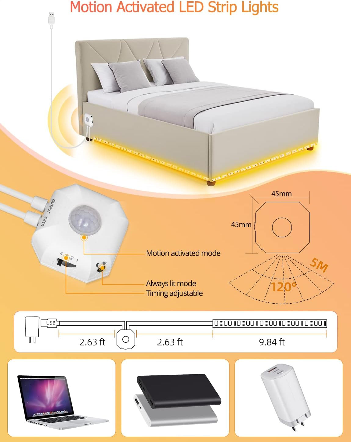 Motion Sensor LED Strip Lights, 9.8Ft under Bed Lights Motion Activated LED Bedside Lamp Illumination with Automatic Shut off Timer Indoor Night Light Closet Lights (Warm White) NO APP