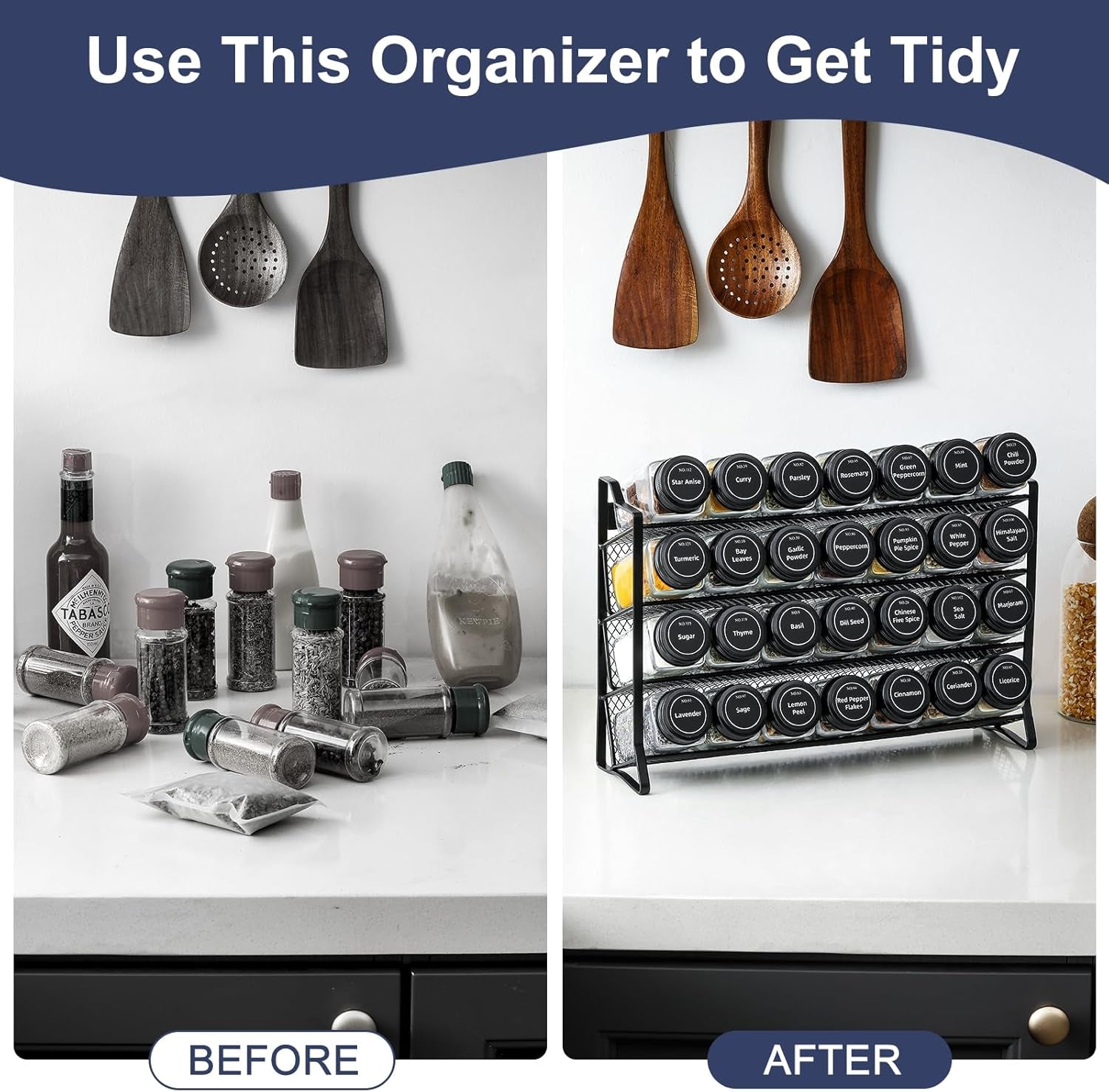 Spice Rack Organizer for Cabinet, Spice Organizer with 28 Empty Spice Jars with Black Lids, Funnel, Spice Labels, Seasoning Organizer for Countertop, Cabinet, Kitchen, Pantry, Cupboard