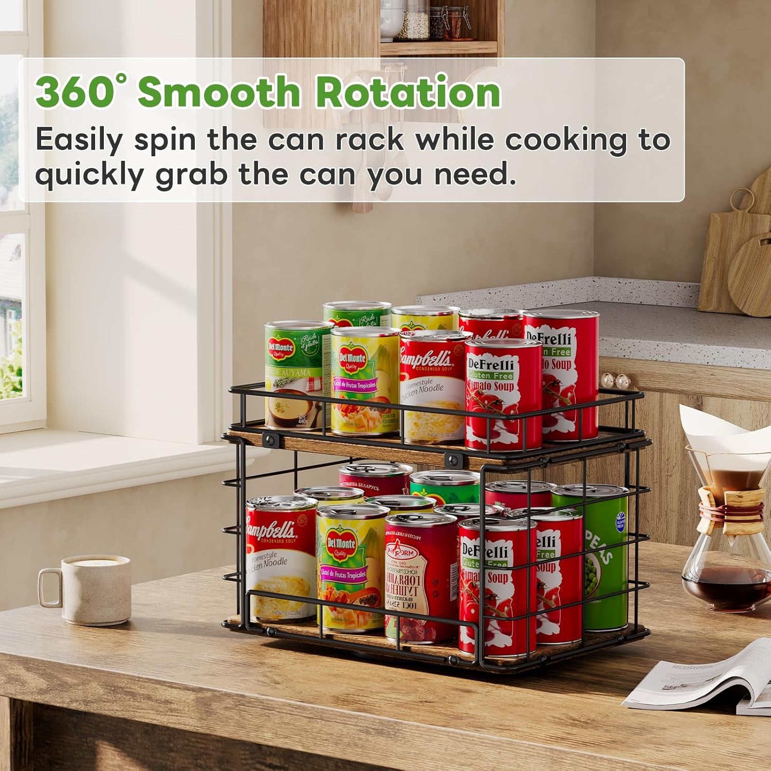 360Â° Rotating Can Rack Organizer for Pantry, 2-Tier Lazy Susan Can Organizer Holds up to 26 Soda Cans, Metal Wire & Wood Shelf with Turntable Storage for Kitchen Cabinet, Pantry & Countertop