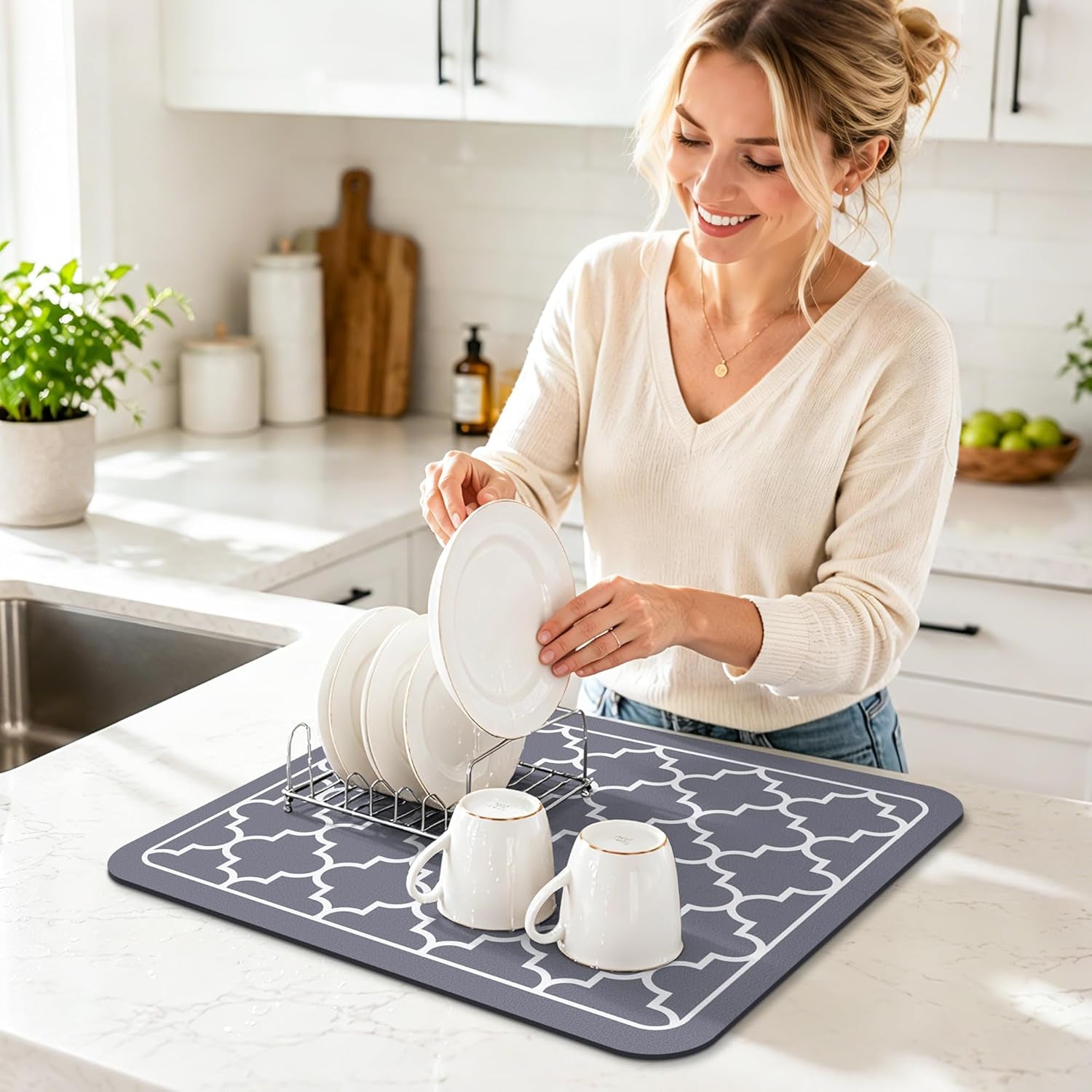 Dish Drying Mat Super Absorbent Drying Mat Large Dish Drying Mats for Kitchen Counter Easy Clean Dish Mat Kitchen Drying Mat15"X 18" Stylish Grey