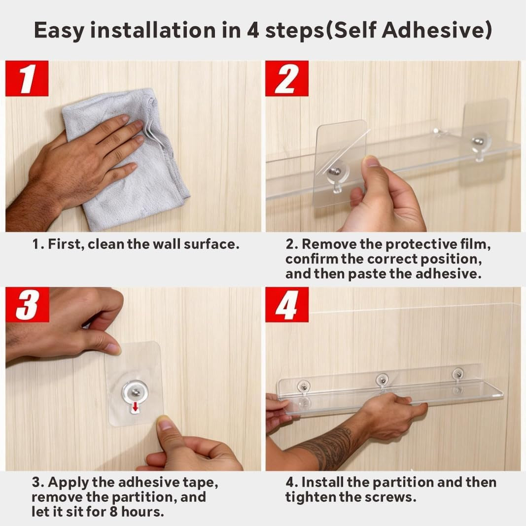 4-Pack Clear Acrylic Floating Shelves with Adhesive & No-Trace Nails - Ultimate No Drill Wall Mounted Display & Storage Organizer for Bathroom, Bedroom, Living Room, Office, 7.87" X 4" (4, U-Shape)