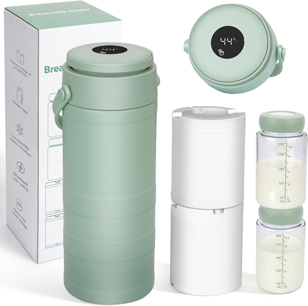 Portable Breast Milk Cooler for Outdoors & Work, 360Â° Total Cooling Keeps Milk Fresh for 24 Hours, 19Oz Large Capacity Travel Breastmilk Chiller with Temp Display & 2Pcs Bottle for Breastmilk Storage