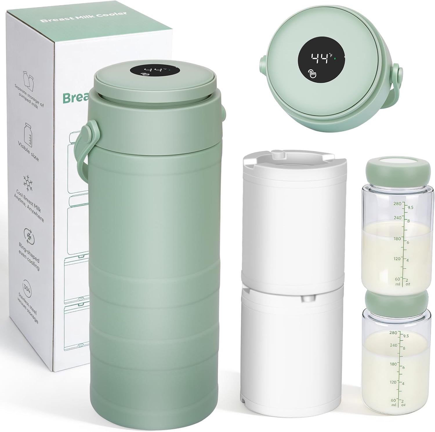 Portable Breast Milk Cooler for Outdoors & Work, 360Â° Total Cooling Keeps Milk Fresh for 24 Hours, 19Oz Large Capacity Travel Breastmilk Chiller with Temp Display & 2Pcs Bottle for Breastmilk Storage