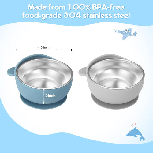 2 Pack Stainless Steel Baby Bowls with Suction, Toddler Bowls with Removable Silicone Shell for Kids, Non-Slip Toddler Baby Feeding Set Dishwasher Safe-Gray & Blue
