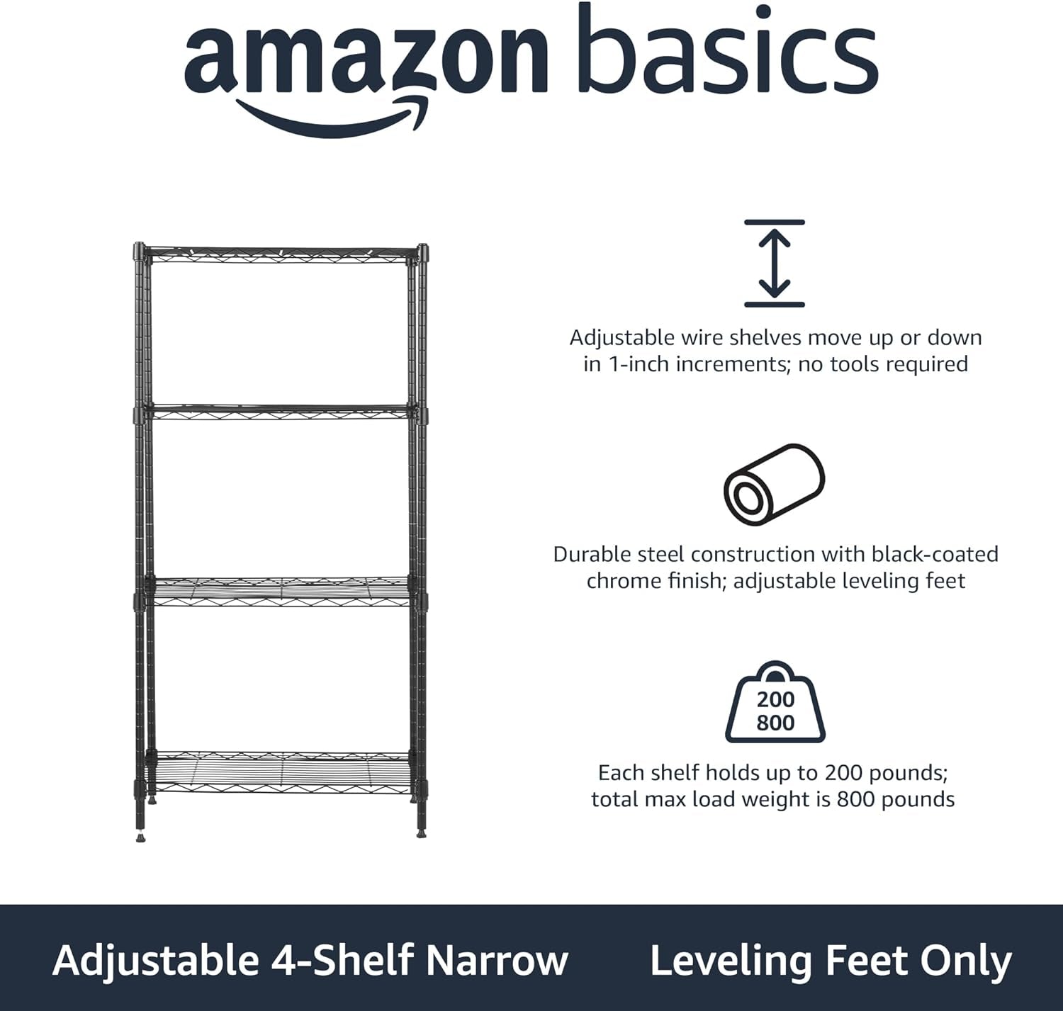 4-Shelf Steel Wire Storage Shelves for Garage, Adjustable Metal Shelving Unit, 200 Lbs per Shelf, 23.2" W X 48" H X 13.4" D, Black | Sturdy, Adjustable, Easy Assembly, Storage