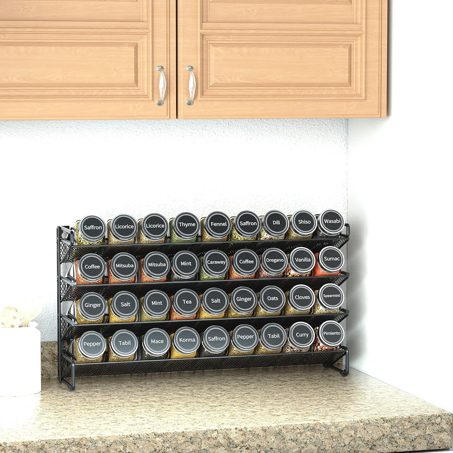 Spice Rack Organizer with 36 Spice Jars, 386 Spice Labels, Chalk Marker and Funnel Set for Cabinet, Countertop, Pantry, Cupboard or Door & Wall Mount - 36 Jars, 17.2" W Ã— 10.8" H, Black