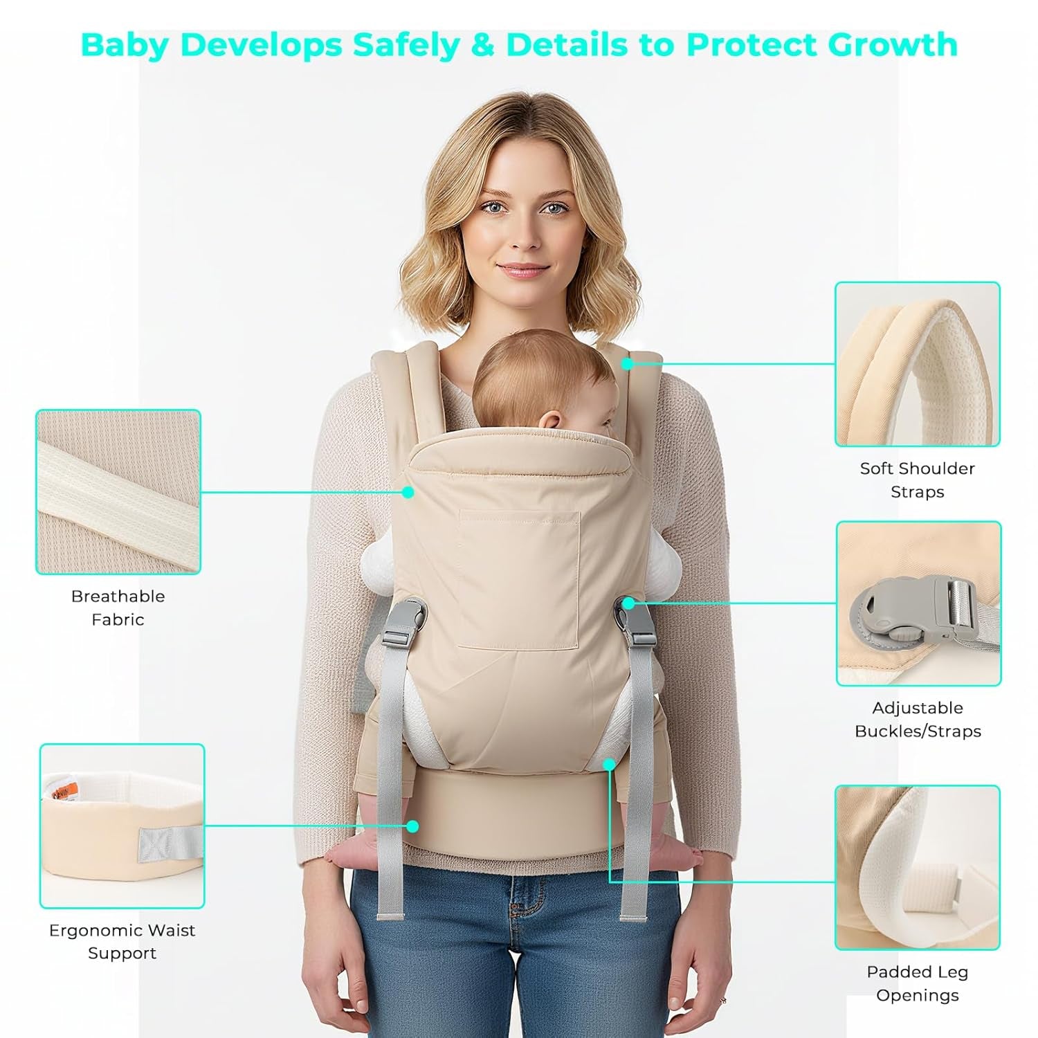 Baby Carrier Newborn to Toddler - Soft Structured Carrier with Hip Healthy Design, 3 Carry Positions Options, Ergonomic Backpack Design with Lumbar Support (7-35Lbs) Ivory