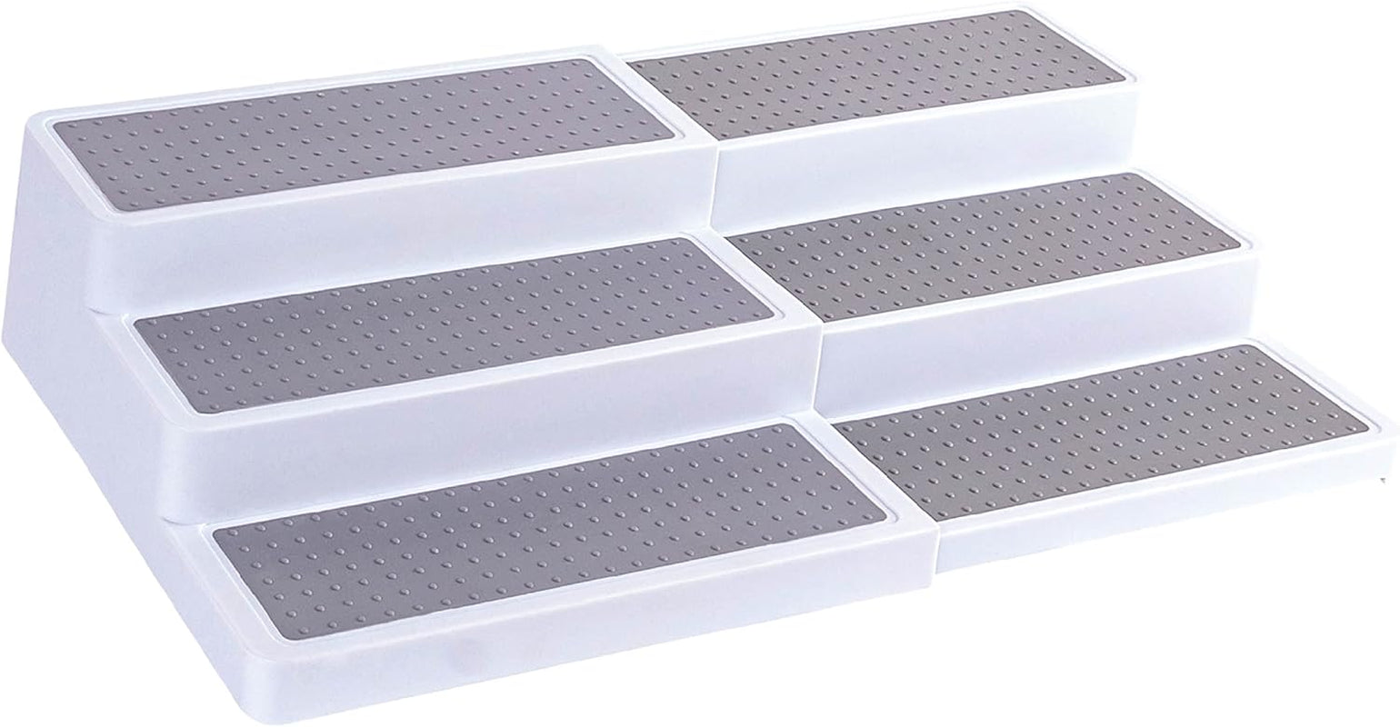 3â€“Tier Expandable Plastic Spice Rack - Adjustable Length, Stability with Non-Skid Shelf, Three Tiers for Easy Visibility, Organizer for Kitchen Cabinet, Pantry or Countertop, White/Grey