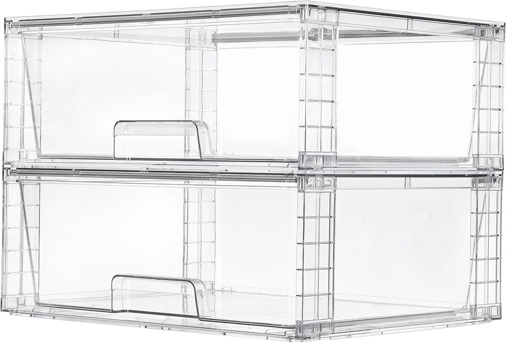 2 Pack Large Stackable Storage Drawers,Easily Assemble Clear Acrylic Bathroom Closet Undersink Organizers,Plastic Storage Bins for Cabinet,Kitchen Pantry,Medicine Organization