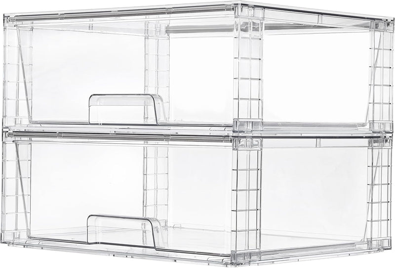 2 Pack Large Stackable Storage Drawers,Easily Assemble Clear Acrylic Bathroom Closet Undersink Organizers,Plastic Storage Bins for Cabinet,Kitchen Pantry,Medicine Organization