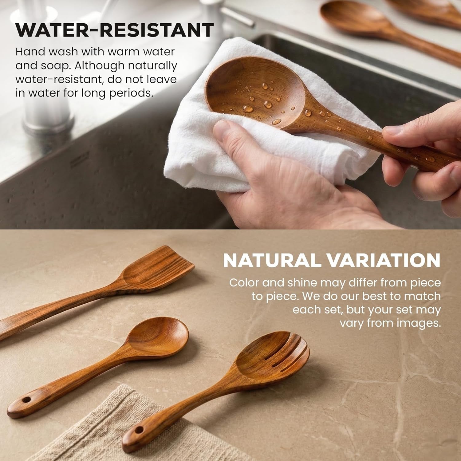 6 Piece Wooden Spoons for Cooking – Natural Teak Wooden Utensil Set, Easy to Clean, Durable, Smooth with Comfort Grip - Non Toxic Wooden Cooking Utensil Sets