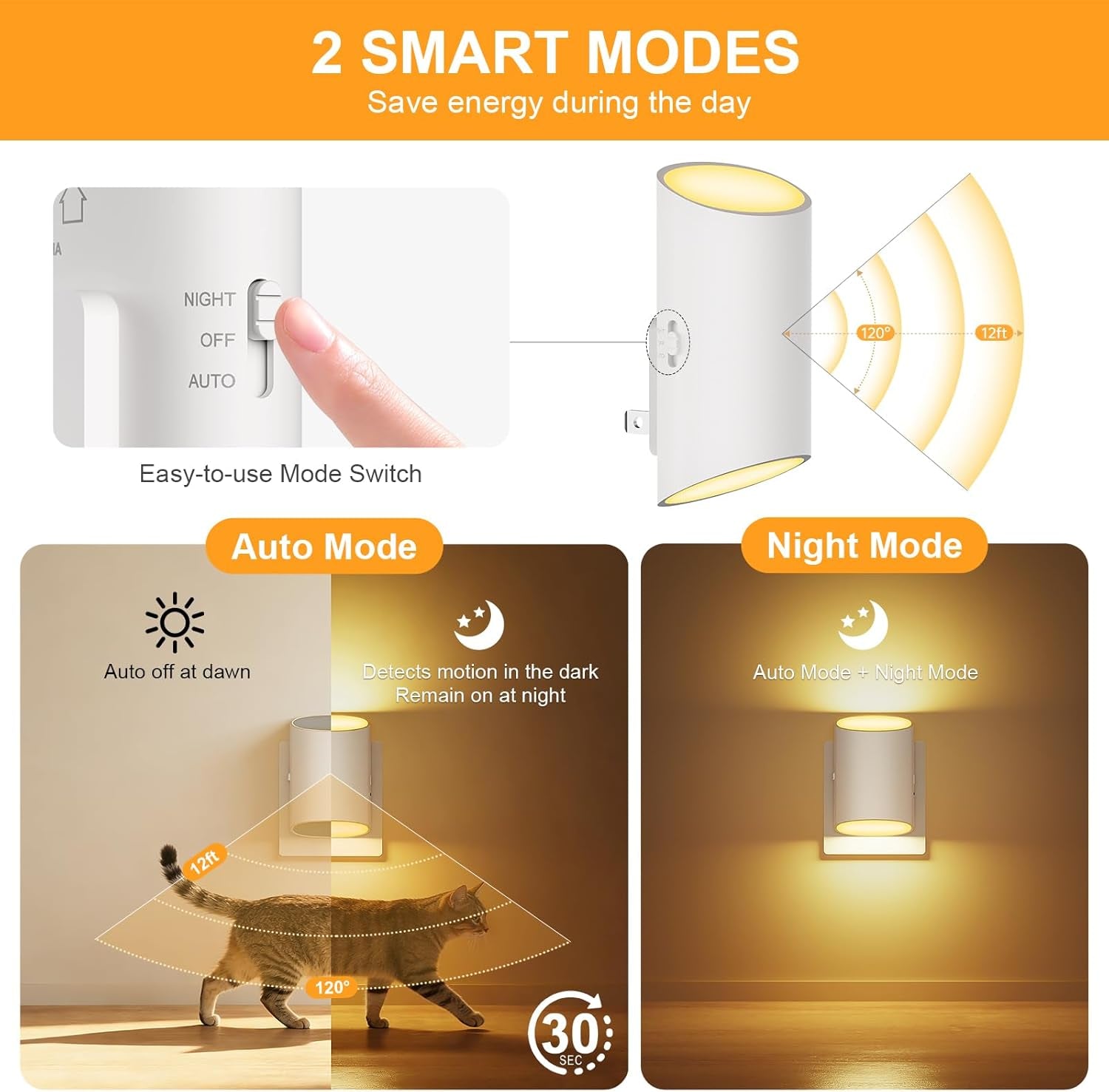 LED Night Light Plug into Wall with Motion Sensor & Dusk to Dawn Sensor, Soft White 3000K, 1-100LM Adjustable Brightness, Nightlights for Bathroom, Hallways, Bedroom, Stairway, 2 Pack