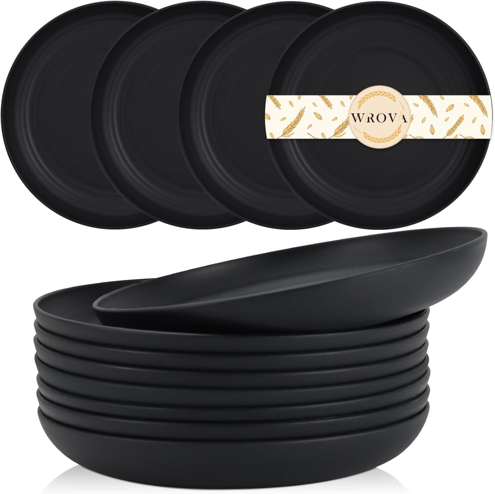 Wheat Straw Plates - 8 Inch Unbreakable Dinner Plates Set of 8 - Dishwasher & Microwave Safe Plastic Plates Reusable - Lightweight Plates for Kitchen,R.V (Pure Black)