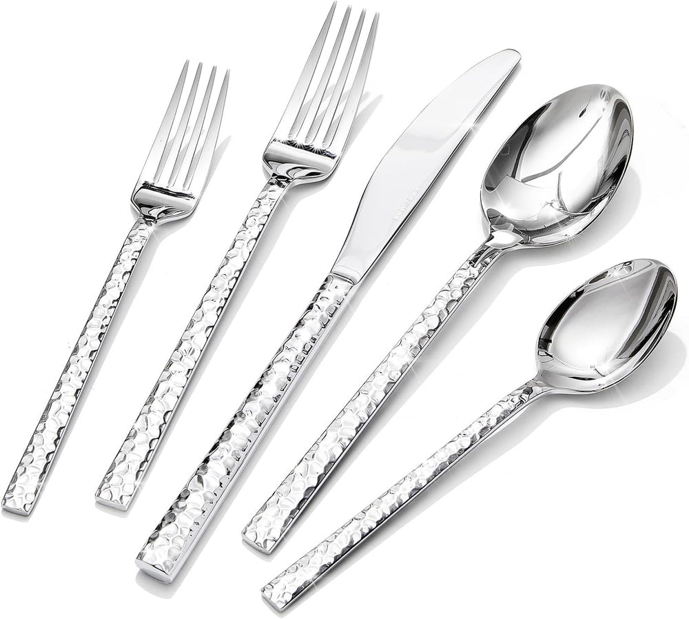 20 Piece Hammered Silverware Set, 18/10 Stainless Steel Flatware Set for 4, Cutlery Set for Home, Party, Wedding, Mirror Polished Dishwasher Safe