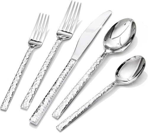 20 Piece Hammered Silverware Set, 18/10 Stainless Steel Flatware Set for 4, Cutlery Set for Home, Party, Wedding, Mirror Polished Dishwasher Safe