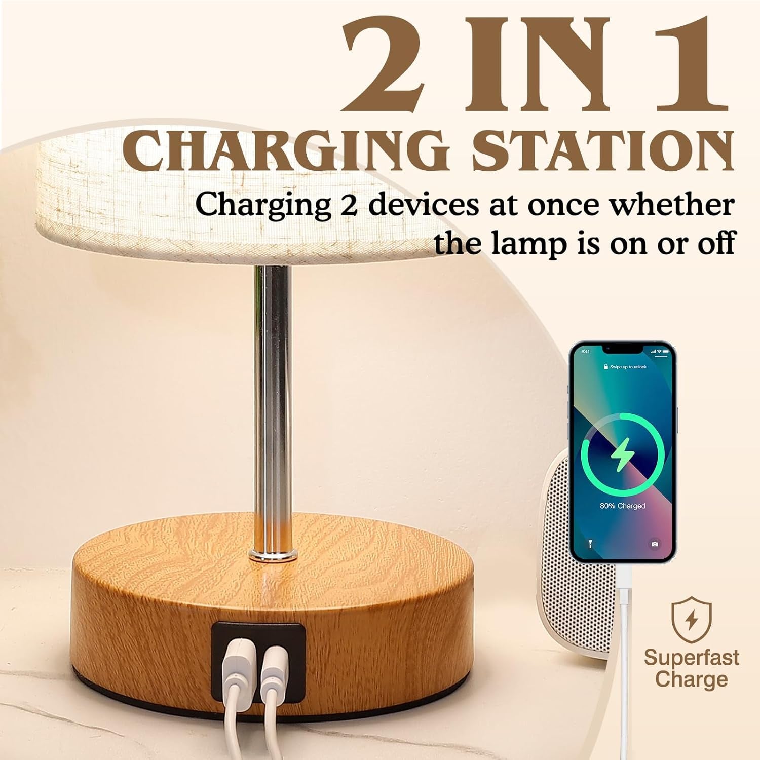 Touch Control Bedside Table Lamp with USB-C Charging Ports, 4-Way Dimmable Nightstand Lamp with Wood Base & Fabric Shade for Bedroom Living Room