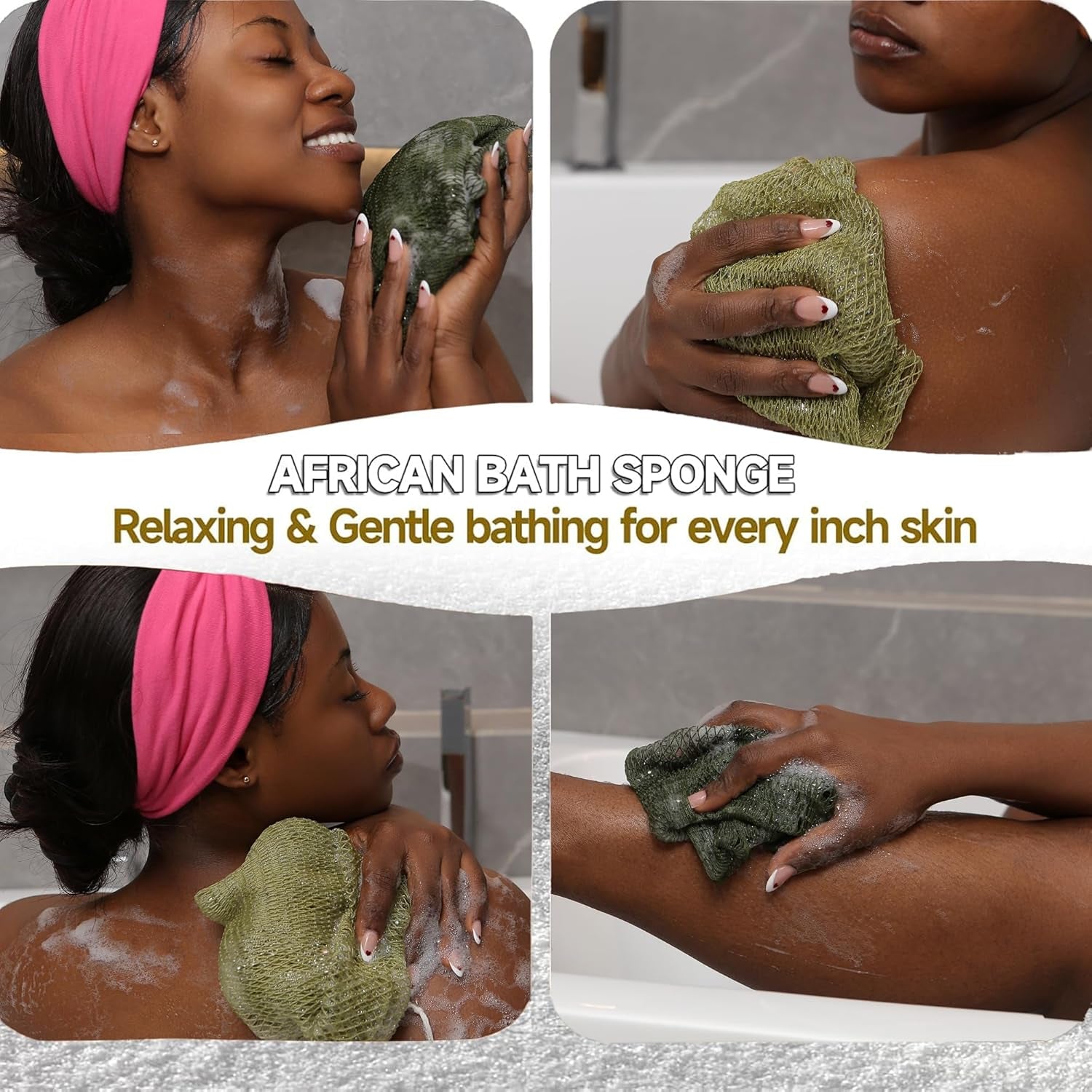 Authentic African Net Sponge - 2 Pack Exfoliating Bath & Shower Loofah Sponge for Body & Face, Gentle Scrubber for All Skin Types, Travel, Durable Polyester (Olive Green & Light Green)