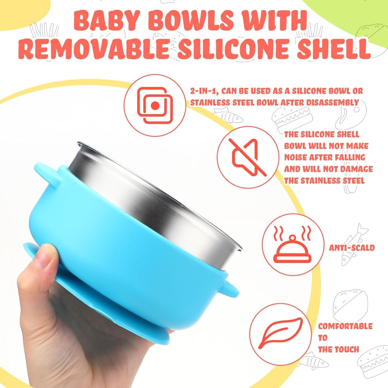 4 Sets 304 Stainless Steel Baby Bowls with Removable Silicone Shell Toddler Bowls with Suction Kids Bowls with Lids Spoons and Fork anti Scald, Dishwasher Safe (Blue,Green,Yellow,Purple)