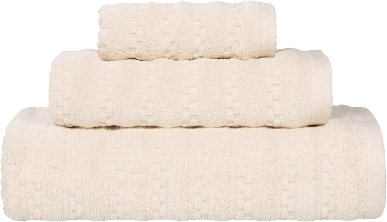 Zuma Zero Twist Cotton Medium Weight Towels, for Guest Bath, Bathroom, Shower, Spa, Plush Towels, Bath Essentials, Waffle Textured Stripes, 3 Piece Assorted Towel Set, Ivory