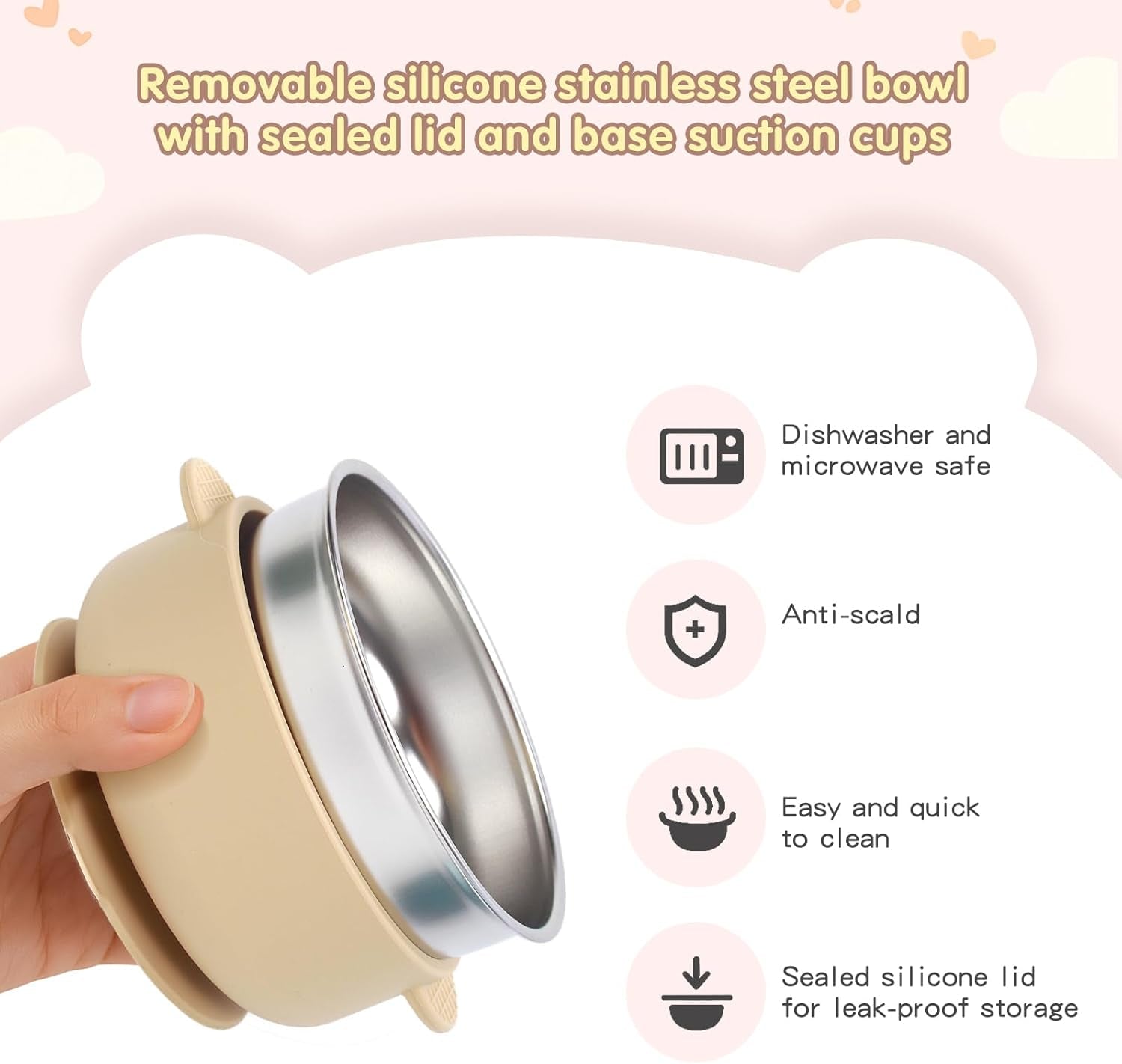 Baby & Toddler Bowls | Stay-Put Suction | Silicone & Stainless Steel with Leakproof Sealed Lids (Set of 3) | Portable Baby Food Bowls