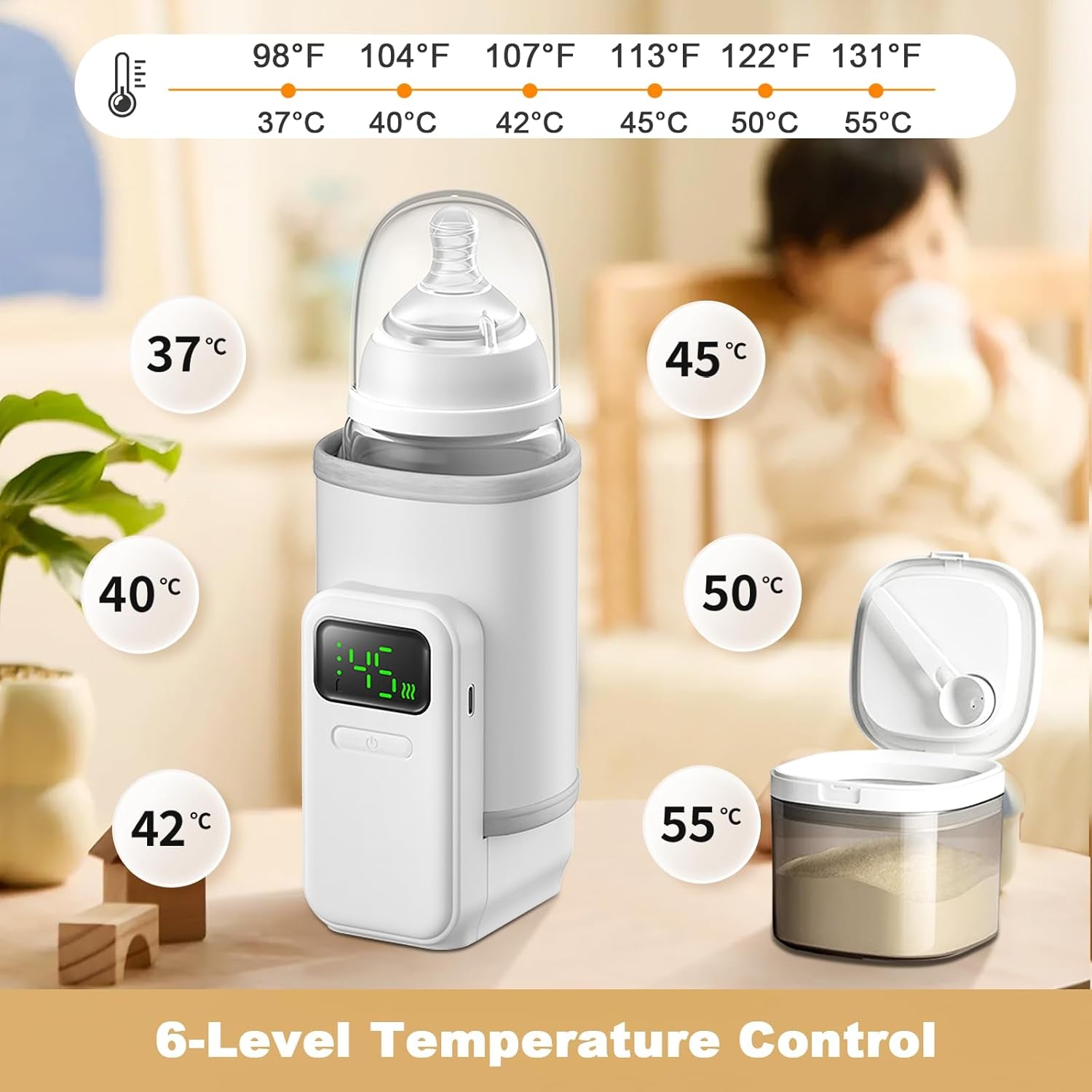 Portable Bottle Warmer - Travel-Easy,6-Speed Temperature Control,Comfortsble Baby Feeding On-The-Go,Battery-Powered Waterless Milk Warmer
