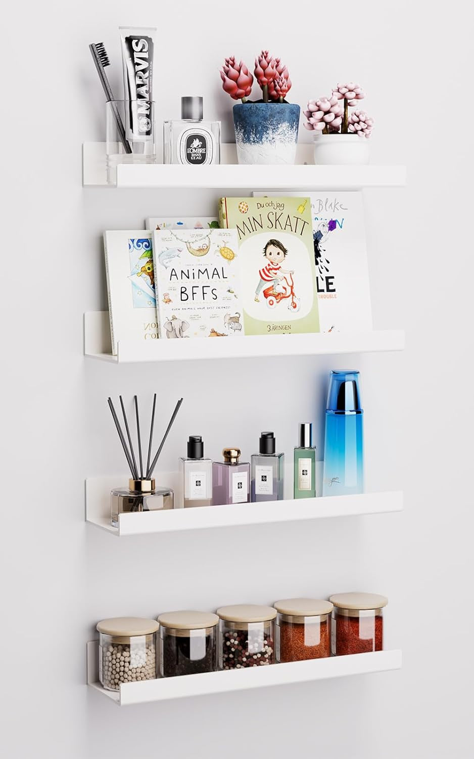 4 Pack Acrylic Shelves for Wall Storage, Self-Adhesive 15" White Floating Shelf for Pop Figures, Picture, Perfume, Books, Wall Shelf Organizer for Bathroom, Living Room, Bedroom, Kitchen