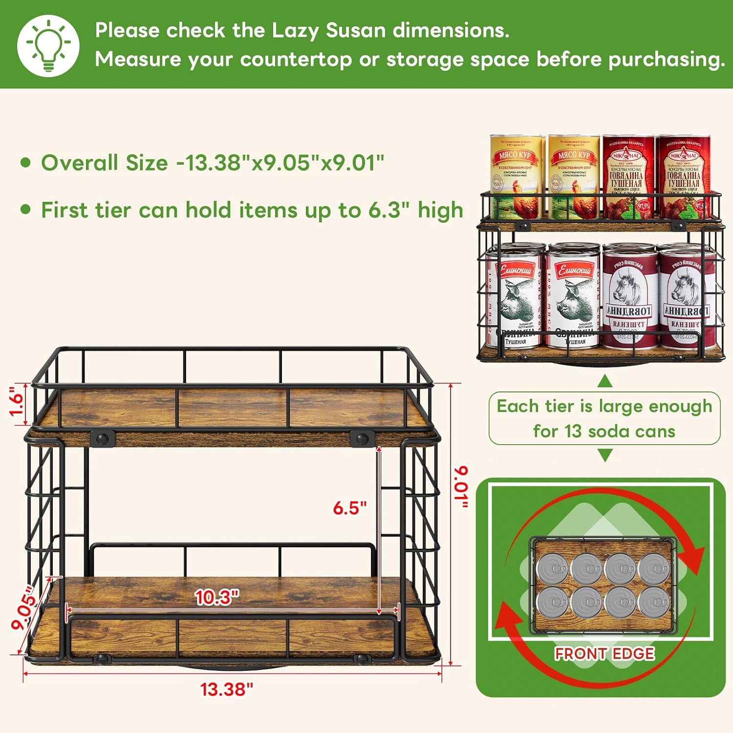 360Â° Rotating Can Rack Organizer for Pantry, 2-Tier Lazy Susan Can Organizer Holds up to 26 Soda Cans, Metal Wire & Wood Shelf with Turntable Storage for Kitchen Cabinet, Pantry & Countertop