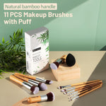Makeup Brush Set 11Pcs Bamboo Synthetic Kabuki Brush Set Foundation Powder Blending Concealer Eye Shadows Blush Cosmetics Brushes with Travel Organizer Bag & Makeup Sponge (Bamboo 11)