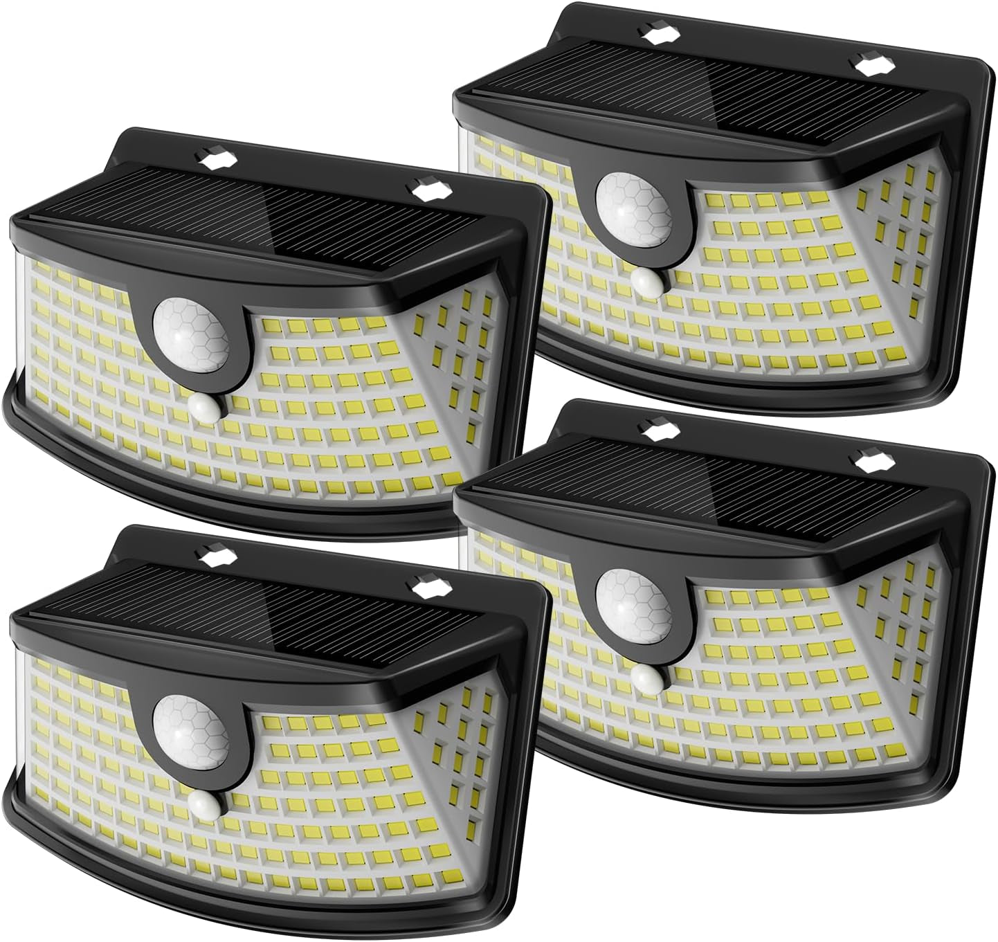 New Solar Motion Sensor Lights 120 Leds with Lights Reflector,270Â° Wide Angle, IP65 Waterproof, Step Lights for Front Door, Yard, Garage, Deck (Black, Daylight White, 4-Pack)