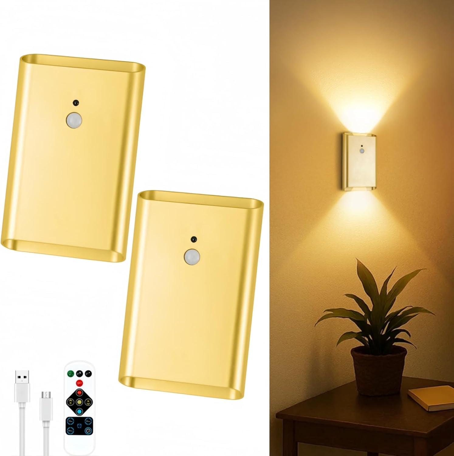 Battery Operated Wall Sconce Set of 2: 5000Mah Rechargeable Motion Sensor Night Light Indoor, 3CCT Dimmable Wireless Wall Lights Magnetic LED up and down Wall Lamp for Bedroom Closet Stair, Gold