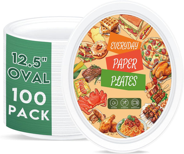 100% Compostable Oval Paper Plates 12 Inch Bulk 100 Count, Heavy Duty Large Disposable Plates, Eco-Renewable Sugarcane Pulp Plates for Party,Dinner& Daily Use, White