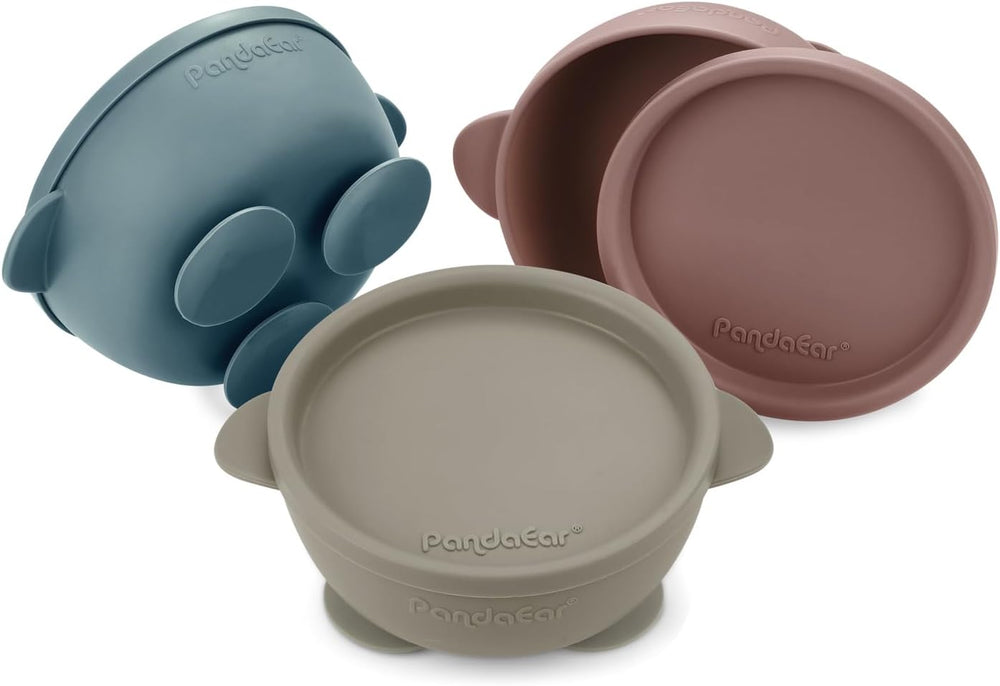 3 Pack Baby Suction Bowls with Lids â€“ Stay Put Silicone Toddler Bowls for Self-Feeding & Travel, 100% Food Grade Bpa-Free, Leakproof Feeding Set (Muted Earth Tones)