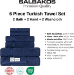 - Luxury 6 Piece Towel Set, 100% Turkish Cotton, Quick Drying, Highly Absorbent & Comfy, Includes 2 Bath Towels, 2 Hand Towels & 2 Washcloths | (Navy)